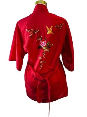 Fedo Women’s Small Vintage Red Embroidered Kimono Robe Haori Phoenix Floral